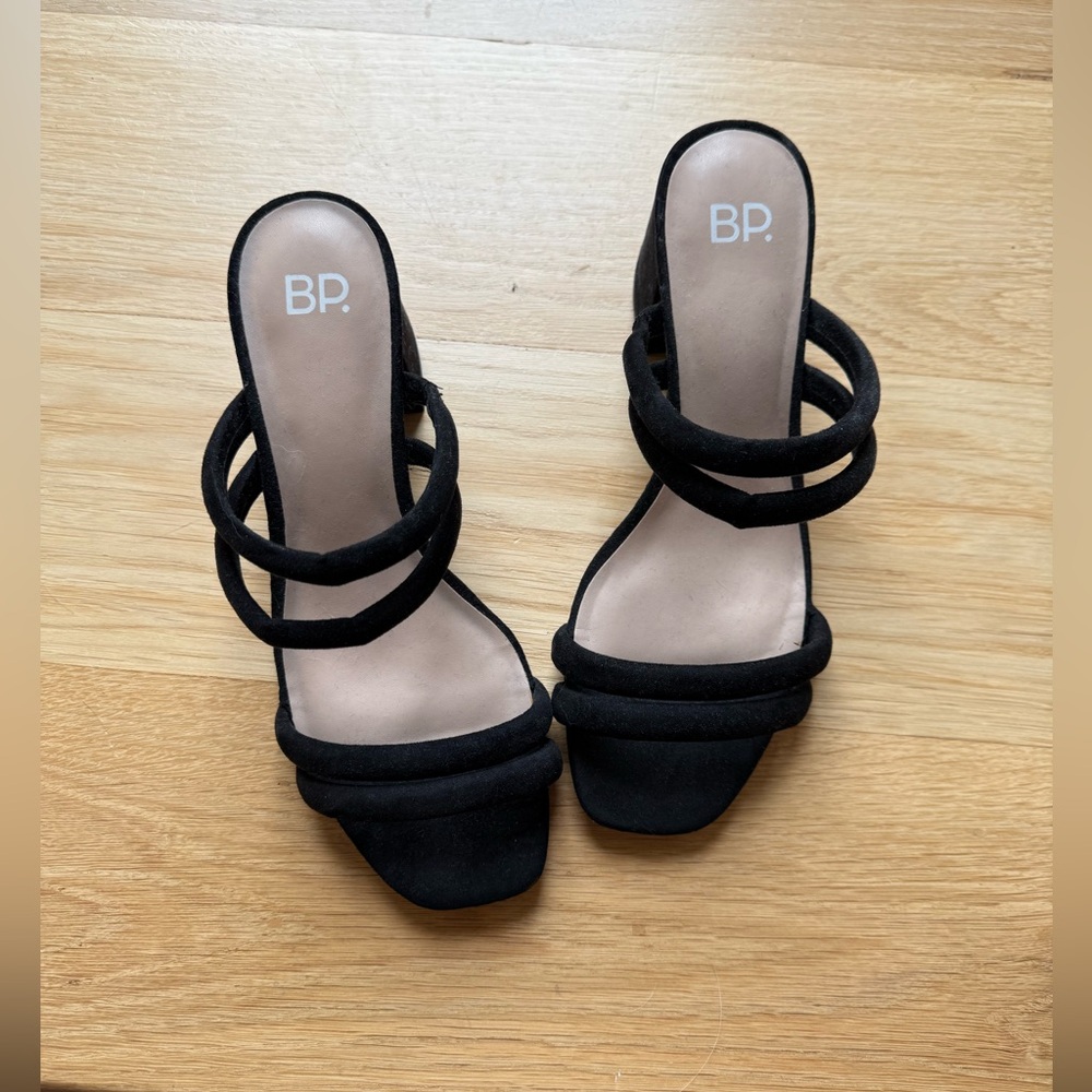 NWT - bp Nordstrom Women's Black Slides - Strappy Thick Low Heels